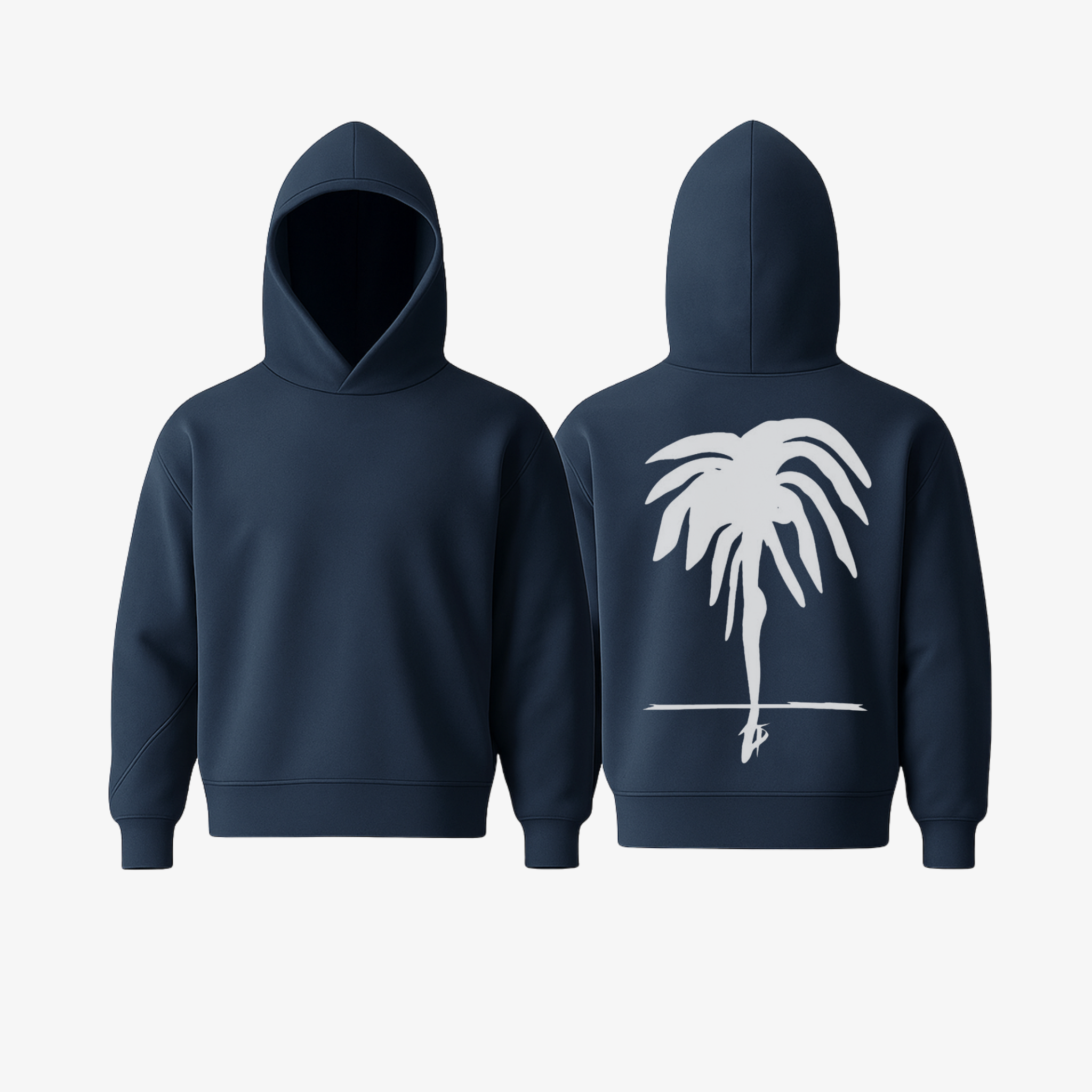 The Palm WarmFlex™ Hoodie in Deep Navy with signature white palm logo, shown from front and back view.