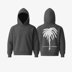 The Palm WarmFlex™ Hoodie in Graphite featuring signature white palm logo on the back, shown from front and back view.