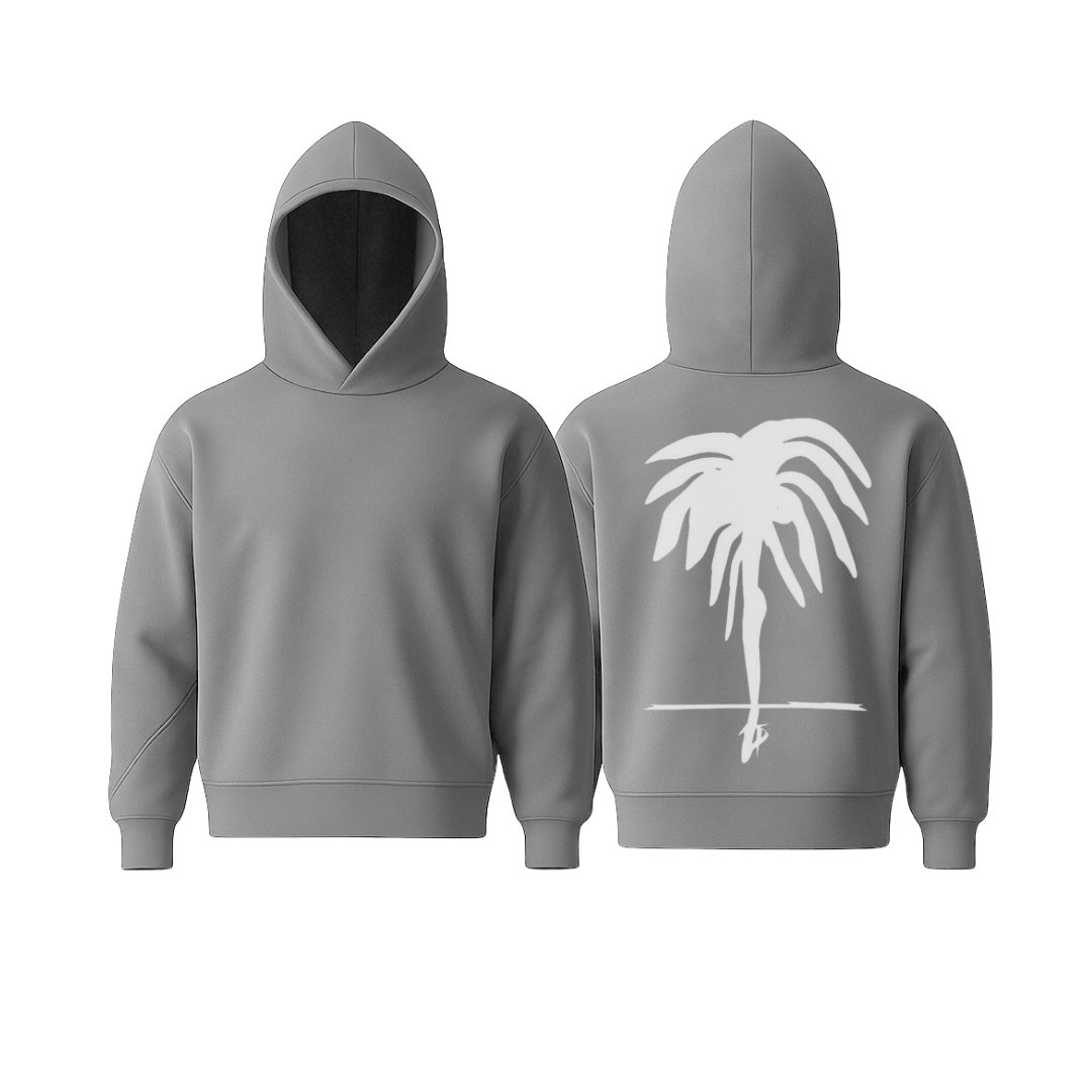 A light gray WarmFlex™ hoodie with a clean, minimal silhouette and a white oversized palm motif on the back, shown in front and back views. Soft, structured, and designed for elevated everyday comfort.