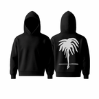 A jet black WarmFlex™ hoodie with a clean, minimal silhouette and a white oversized palm motif on the back, shown in front and back views. Soft, structured, and designed for elevated everyday comfort.