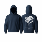 A navy WarmFlex™ hoodie with a clean, minimal silhouette and a white oversized palm motif on the back, shown in front and back views. Soft, structured, and designed for elevated everyday comfort.