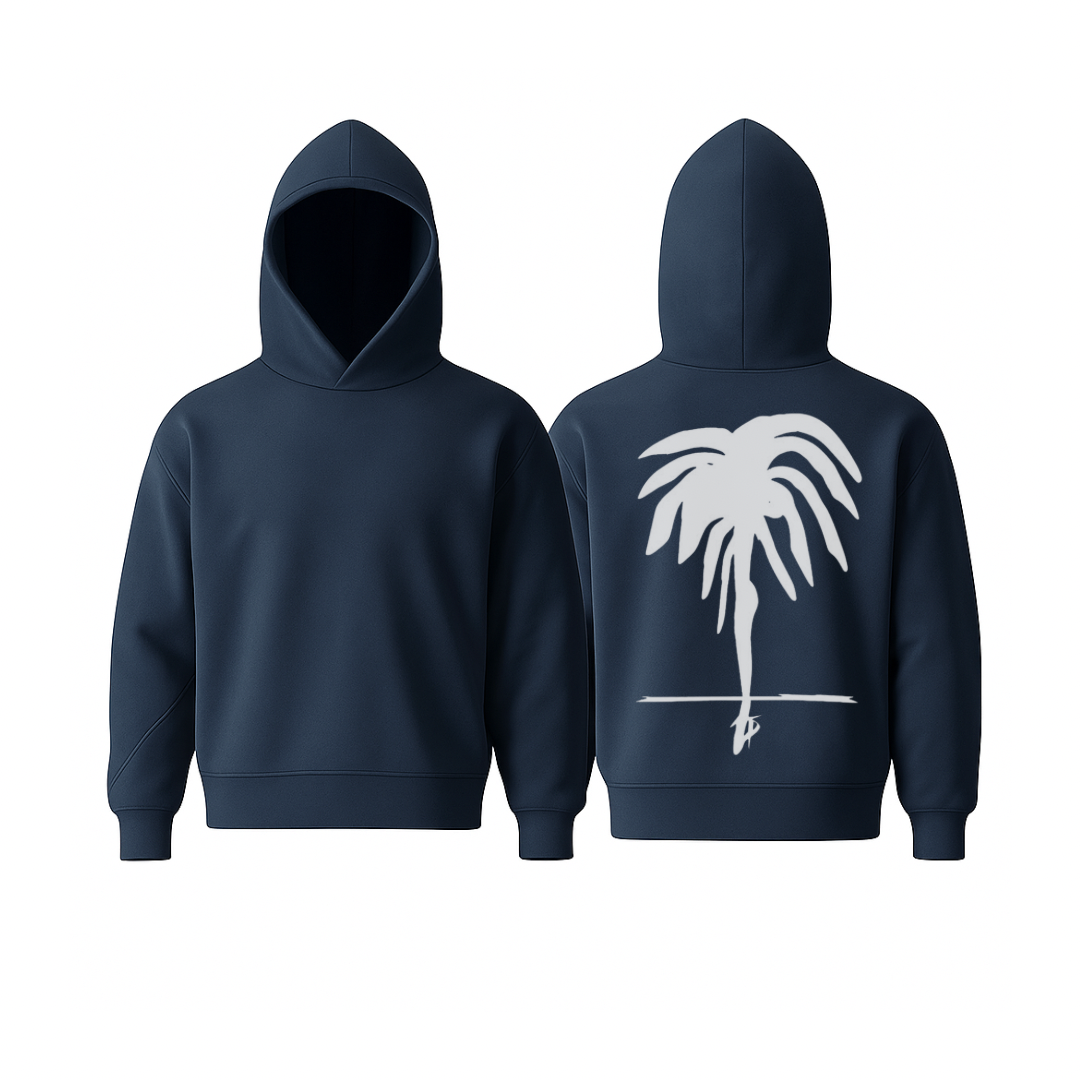 A navy WarmFlex™ hoodie with a clean, minimal silhouette and a white oversized palm motif on the back, shown in front and back views. Soft, structured, and designed for elevated everyday comfort.