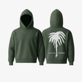 The Palm WarmFlex™ Hoodie in Olive Green with signature white palm logo, shown from front and back view.
