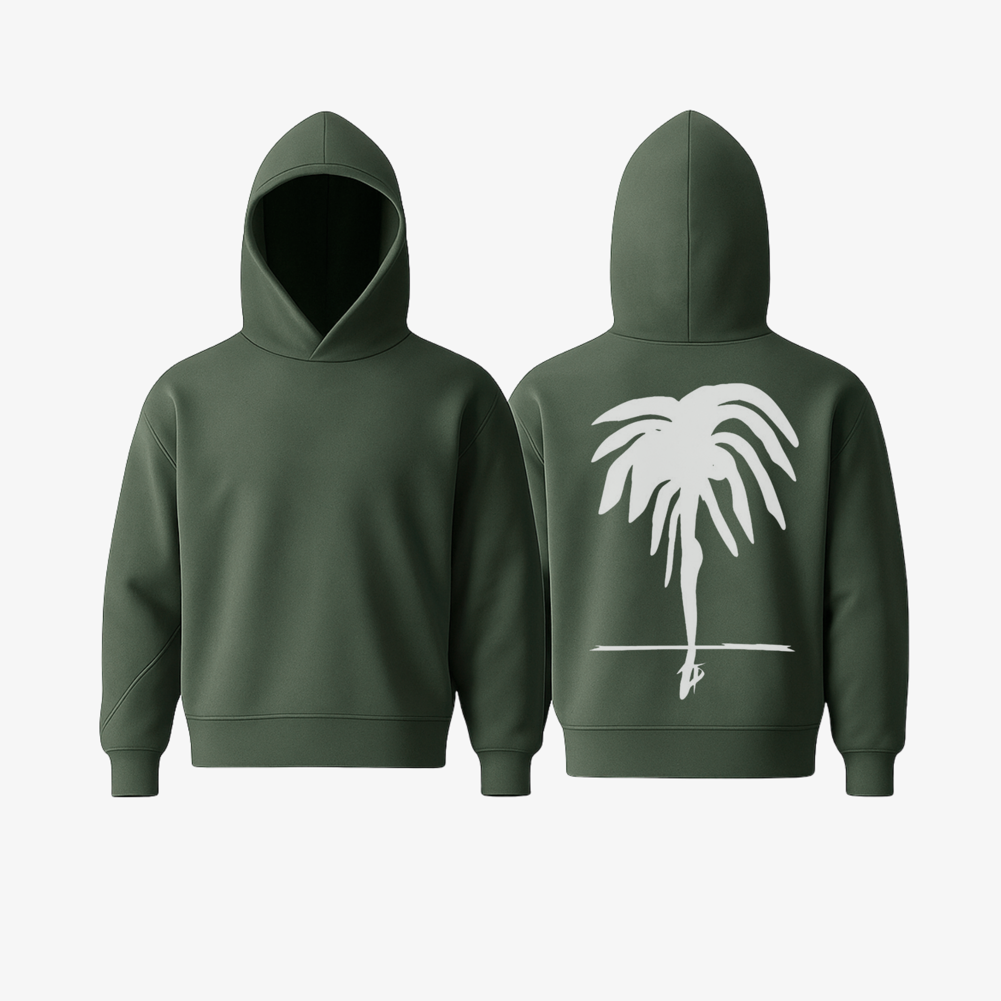 The Palm WarmFlex™ Hoodie in Olive Green with signature white palm logo, shown from front and back view.
