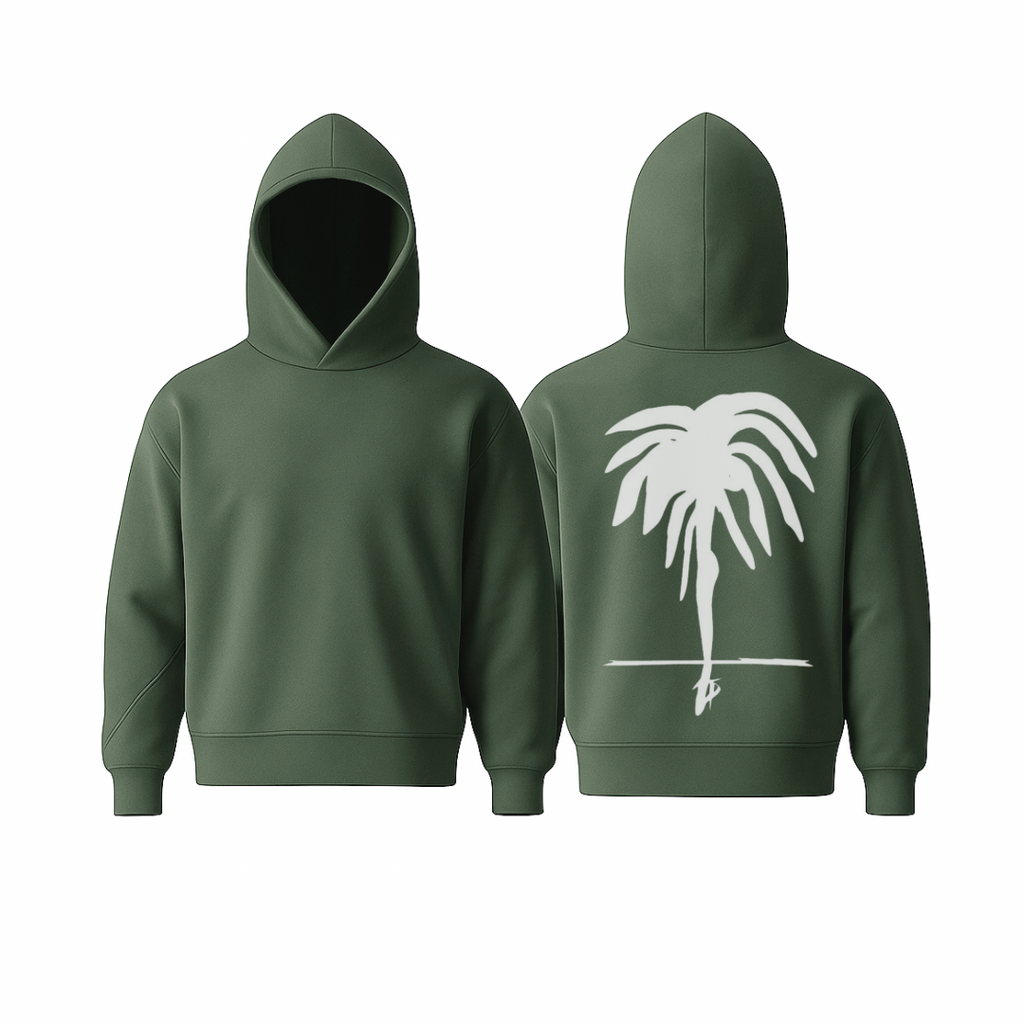 A olive green WarmFlex™ hoodie with a clean, minimal silhouette and a white oversized palm motif on the back, shown in front and back views. Soft, structured, and designed for elevated everyday comfort.