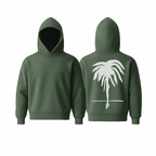 A olive green WarmFlex™ hoodie with a clean, minimal silhouette and a white oversized palm motif on the back, shown in front and back views. Soft, structured, and designed for elevated everyday comfort.