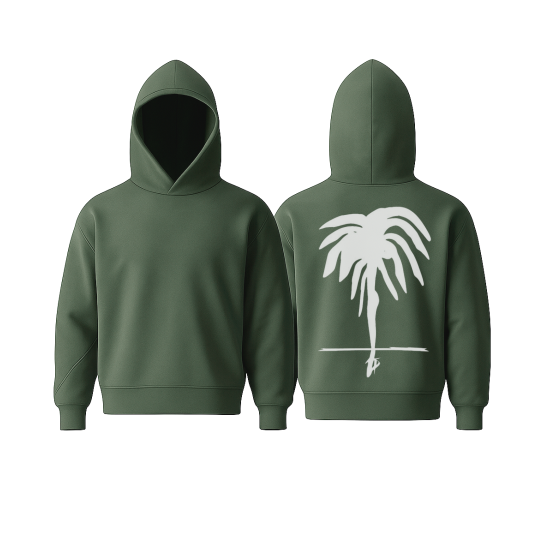 A olive green WarmFlex™ hoodie with a clean, minimal silhouette and a white oversized palm motif on the back, shown in front and back views. Soft, structured, and designed for elevated everyday comfort.