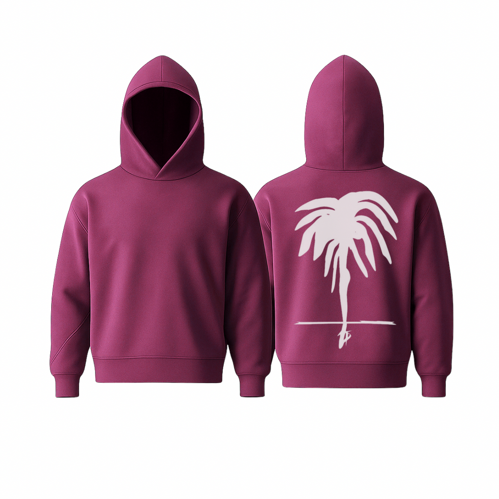 A raspberry pink WarmFlex™ hoodie with a clean, minimal silhouette and a white oversized palm motif on the back, shown in front and back views. Soft, structured, and designed for elevated everyday comfort.