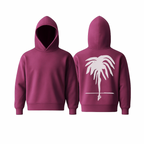 A raspberry pink WarmFlex™ hoodie with a clean, minimal silhouette and a white oversized palm motif on the back, shown in front and back views. Soft, structured, and designed for elevated everyday comfort.