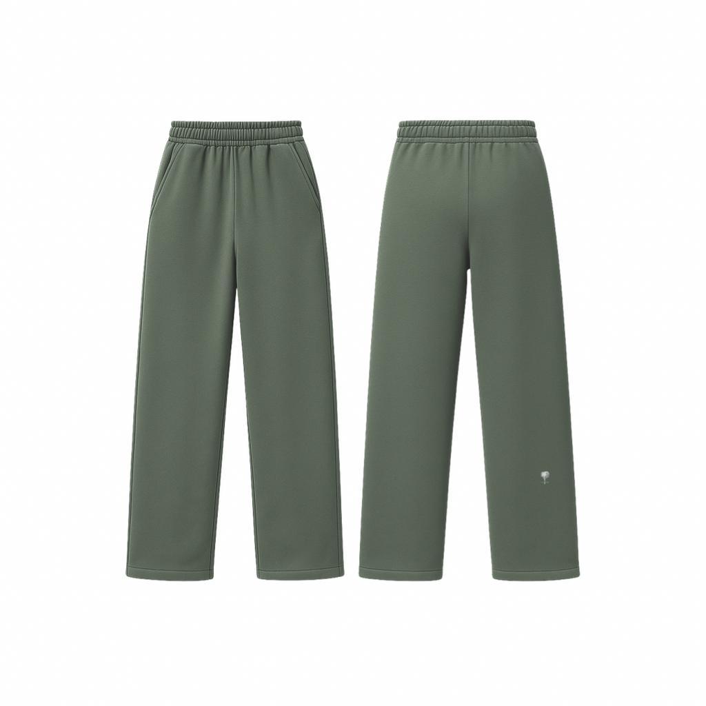 The Palm WarmFlex™ Pants in olive green — soft-touch wide-leg pants with an elastic waistband and relaxed silhouette, designed for warmth and everyday comfort. A clean, seamless look with subtle logo detailing.