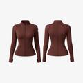 Rich dark brown contoured performance zip-up jacket for workout and everyday wear.