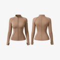 Sand Beige ZipSculpt™ performance jacket shown from front and back on a white background.