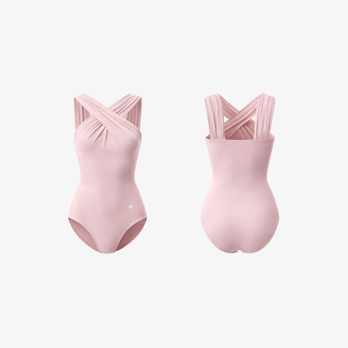 Étoile™ Cross-Back Ballet Bodysuit in Blush Pink, front and back view on a white background.