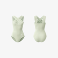 Étoile™ Cross-Back Ballet Bodysuit in Sage Green, front and back view on a white background.