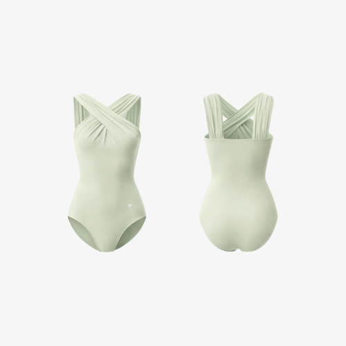 Étoile™ Cross-Back Ballet Bodysuit in Sage Green, front and back view on a white background.