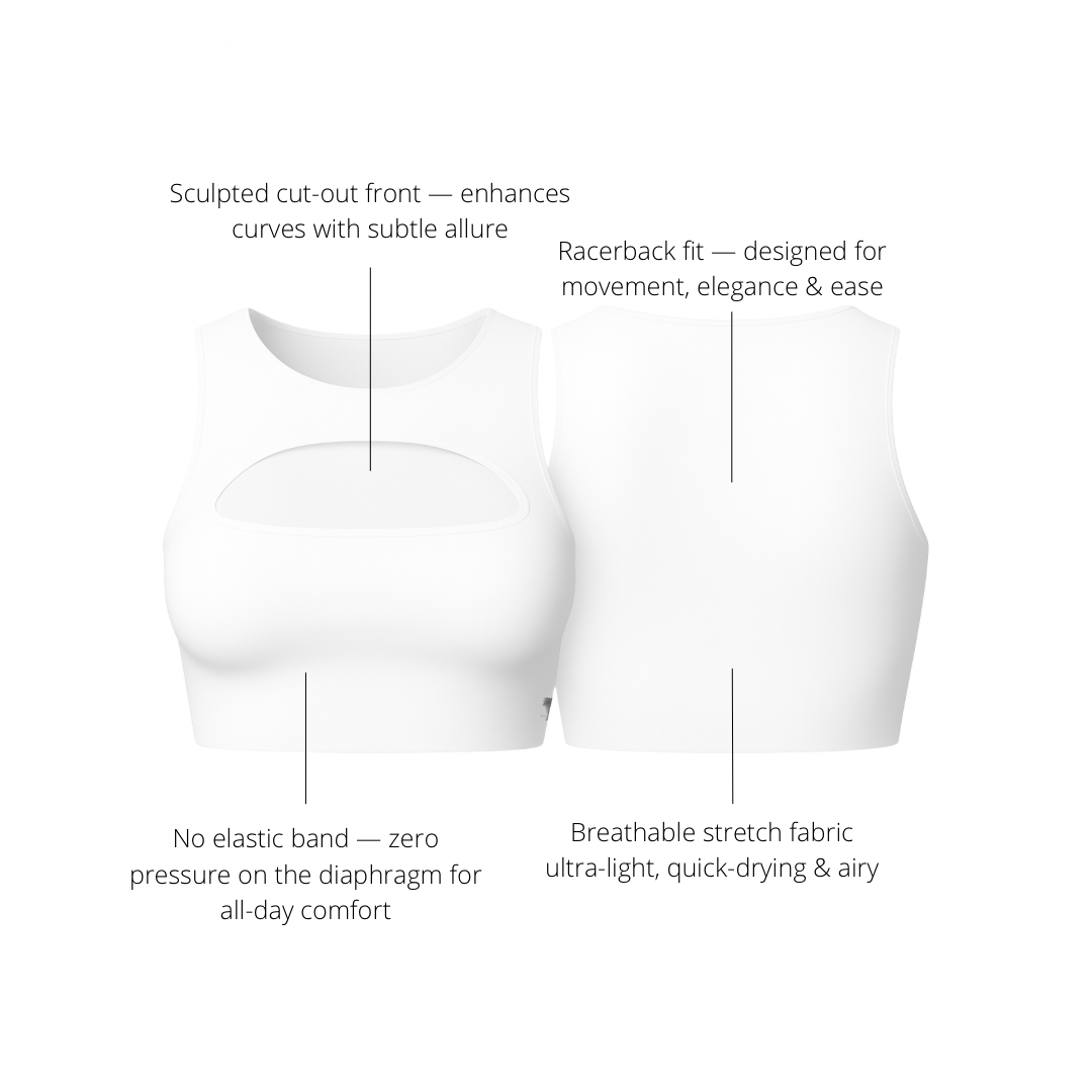 White seamless sports bra with square neckline, soft-touch fabric – The Palm Activewear.