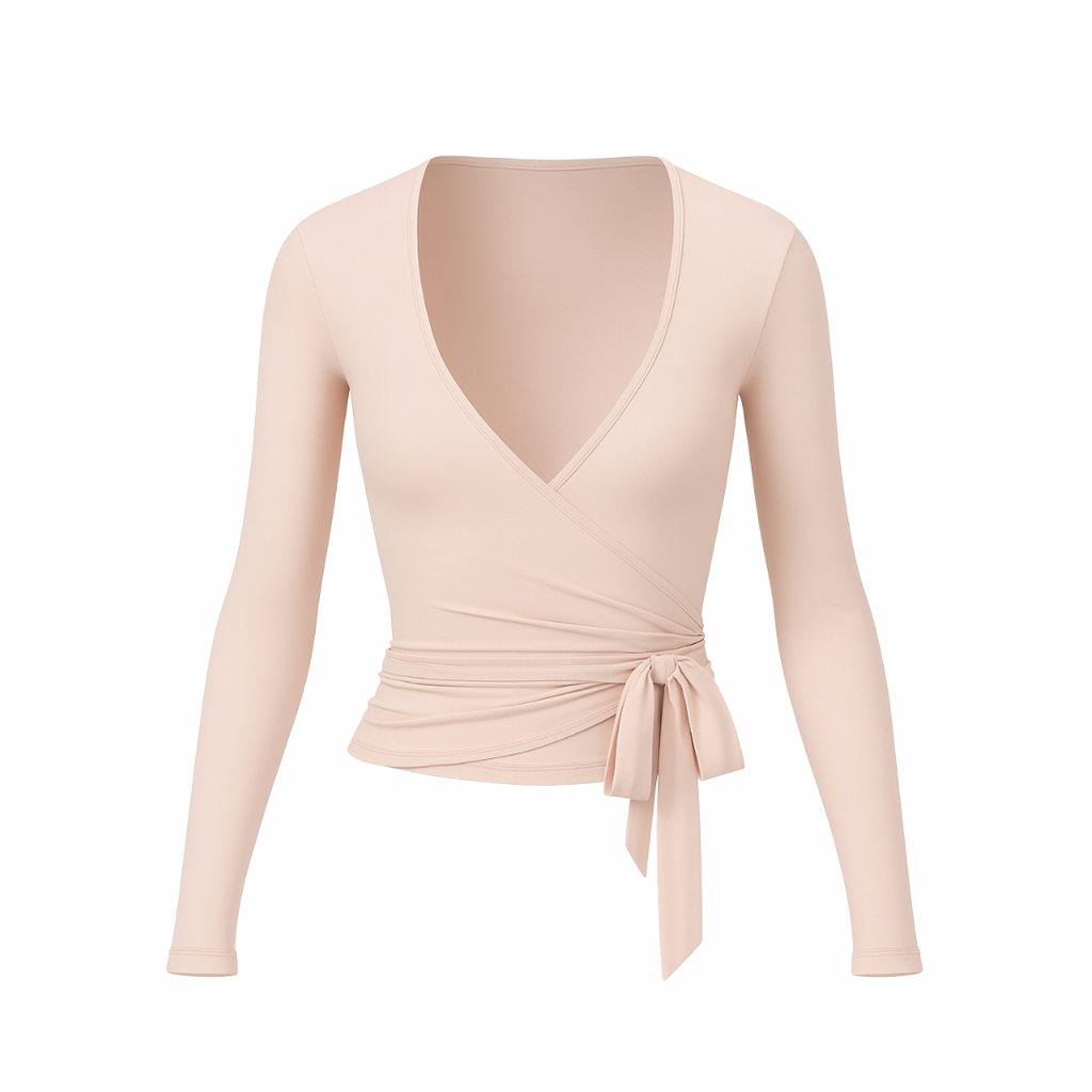 WrapLuxe™ Long-Sleeve Beige — women's wrap top with V-neckline, tie waist, and long sleeves, minimalistic elegant design, beige color, white background