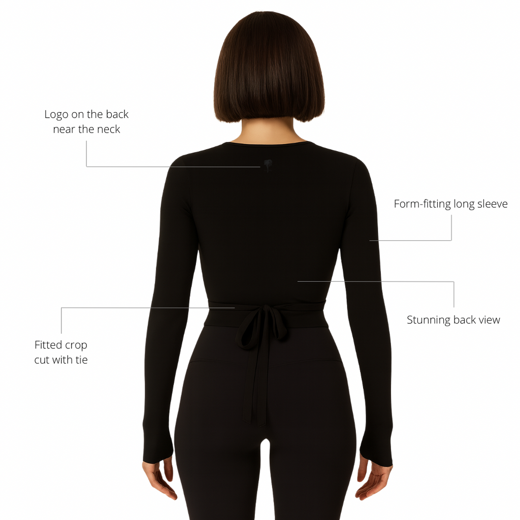 Black long-sleeve jumpsuit with design features highlighted on a white background