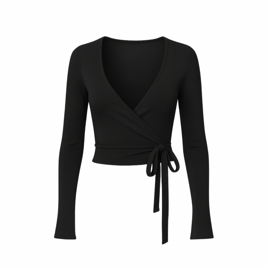 WrapLuxe™ Long Sleeve top in black — sleek wrap design with tie detail, long sleeves, and minimal aesthetic on a white background