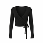 WrapLuxe™ Long Sleeve top in black — sleek wrap design with tie detail, long sleeves, and minimal aesthetic on a white background