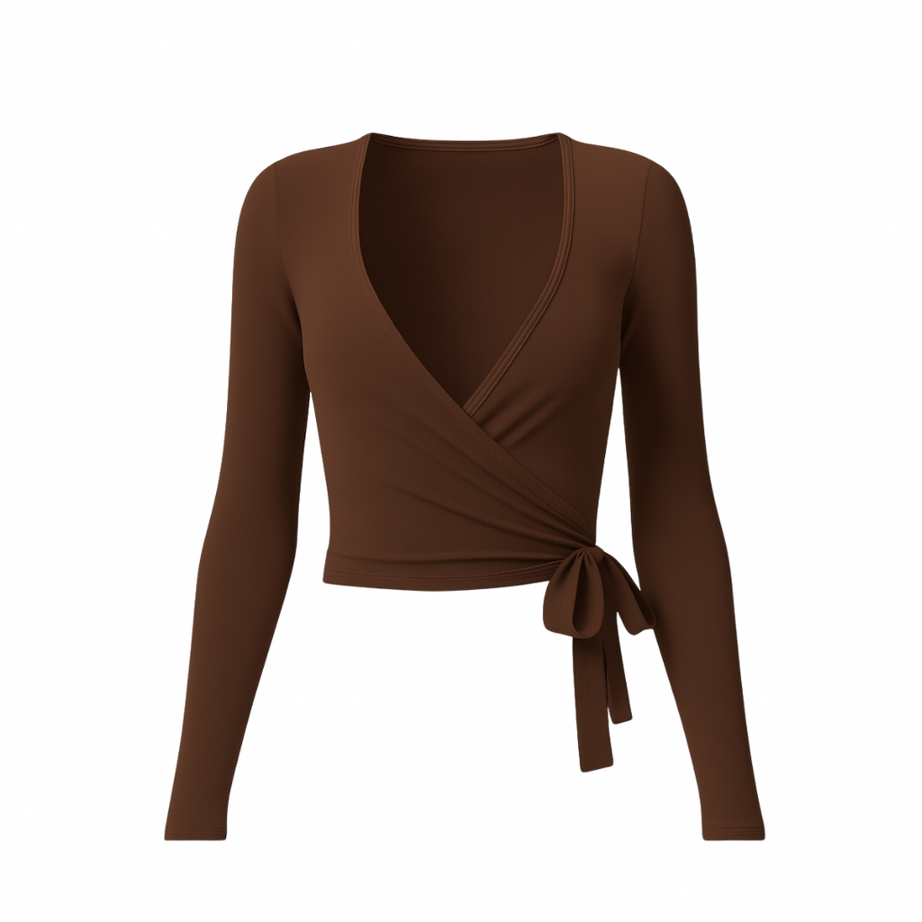 Brown WrapLuxe™ long sleeve wrap top with tie detail on a white background