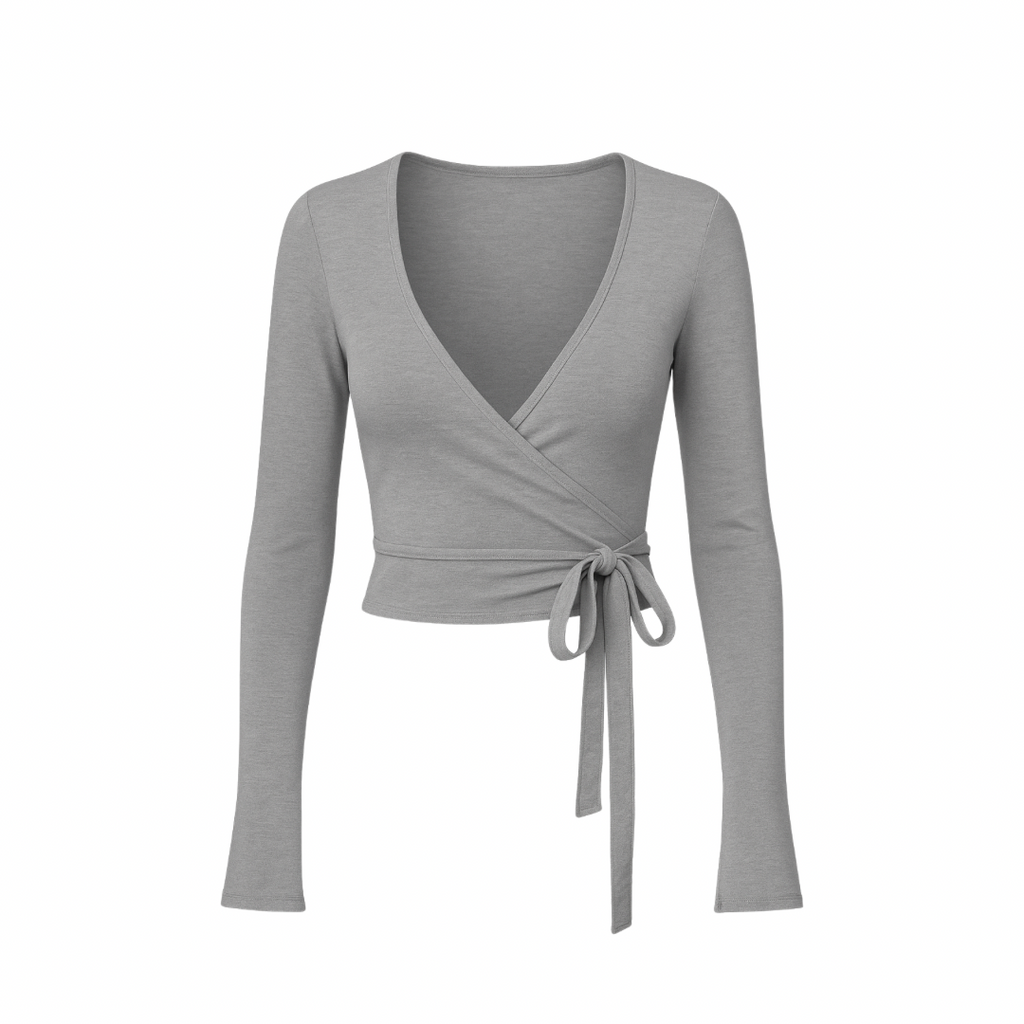 WrapLuxe™ Long Sleeve top in grey — elegant wrap design with tie closure, fitted silhouette, and minimal aesthetic on a white background