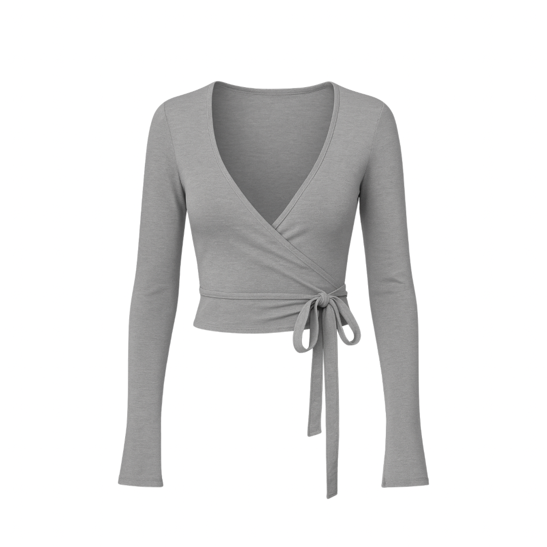WrapLuxe™ Long Sleeve top in grey — elegant wrap design with tie closure, fitted silhouette, and minimal aesthetic on a white background