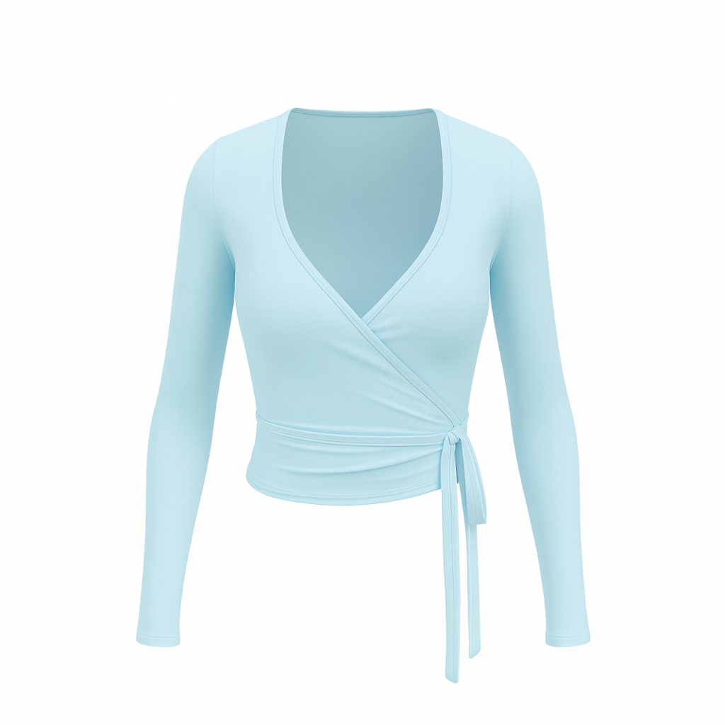 The Palm WrapLuxe long-sleeve wrap top in light blue on white background
