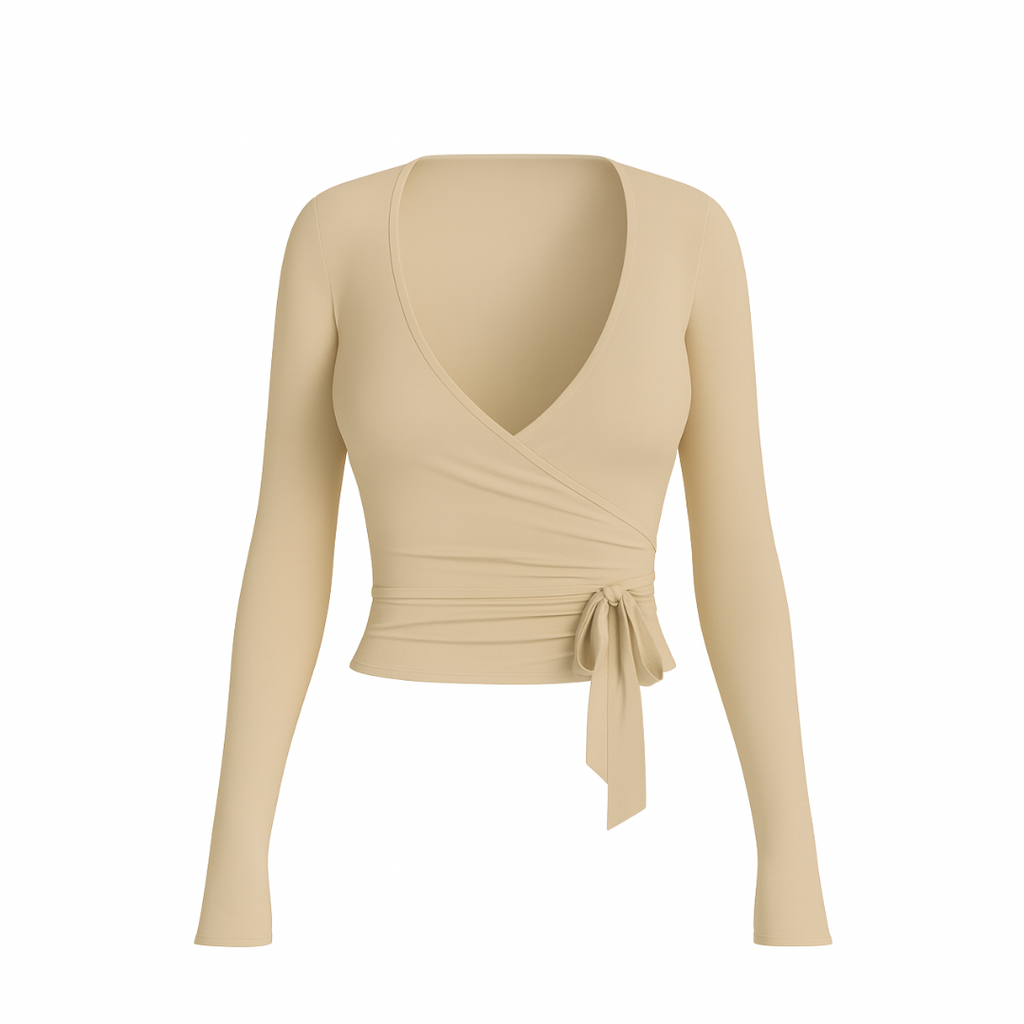 Sent beige WrapLuxe™ long-sleeve top with deep V-neck and side tie, front view on white background