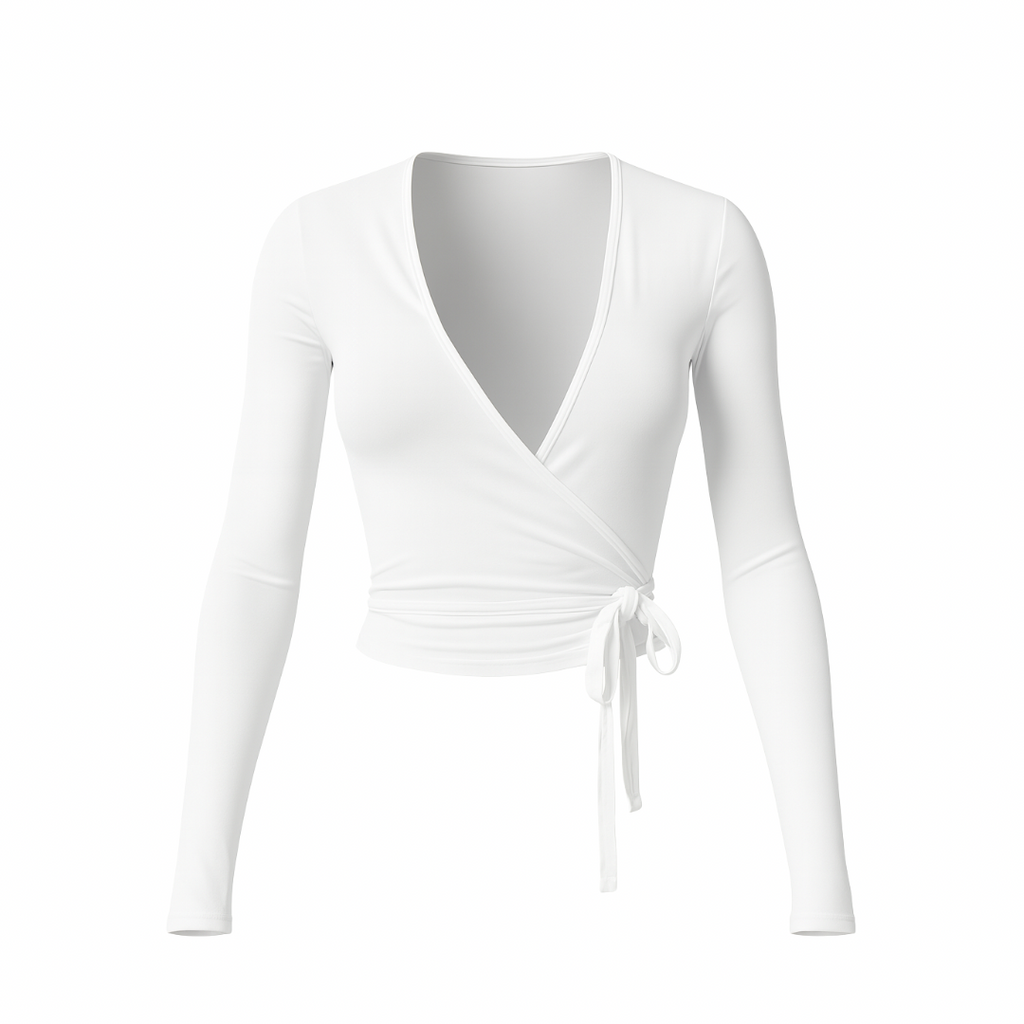 White WrapLuxe™ long-sleeve tie top on a white background