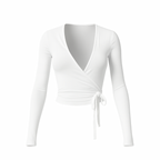 White WrapLuxe™ long-sleeve tie top on a white background